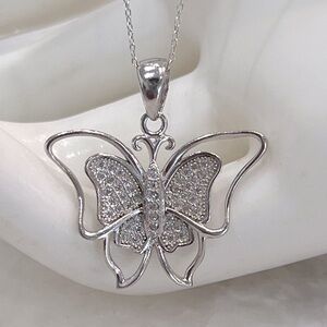 Sterling Silver (sim) Diamond Butterfly Pendant Necklace